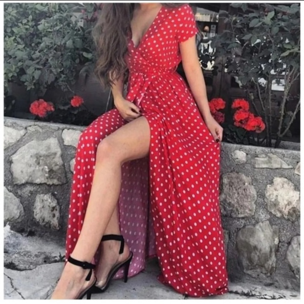 Red polka dot floor length dress/sexy very feminine beautiful